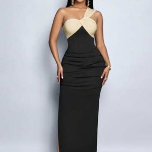 SHEIN Black and Cream One-Shoulder Bodycon Maxi Dress